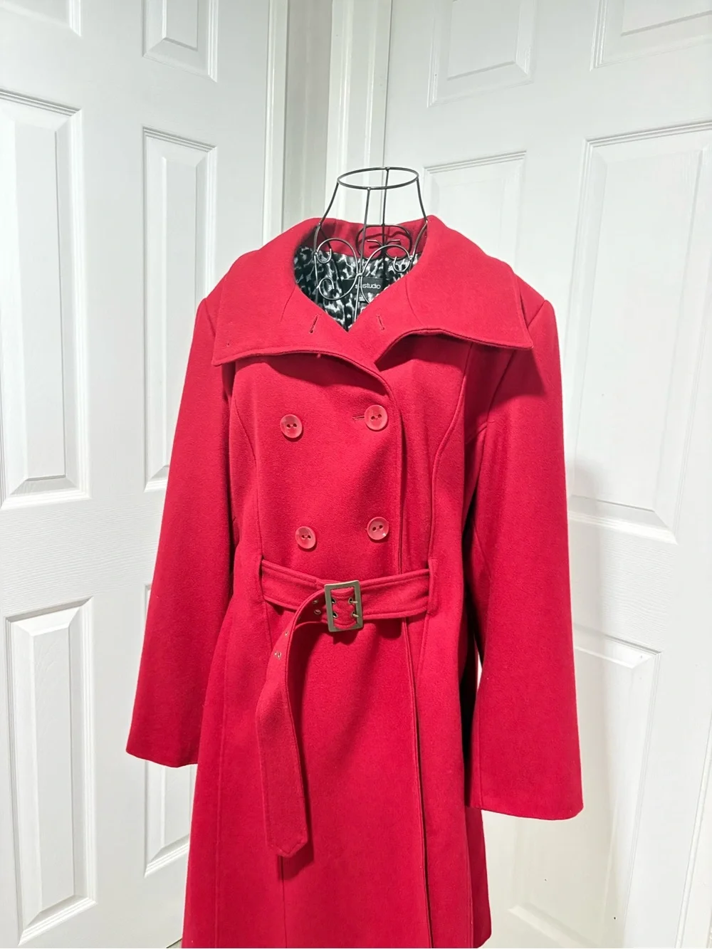 SienaStudio Red Double-Breasted Fully Lined Belted Women's Wool Polo Coat 1X
